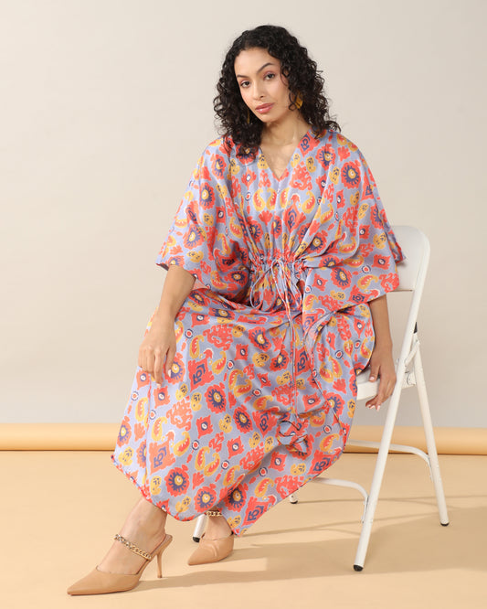 Ikkat Pink Satin linen Kaftan Dress