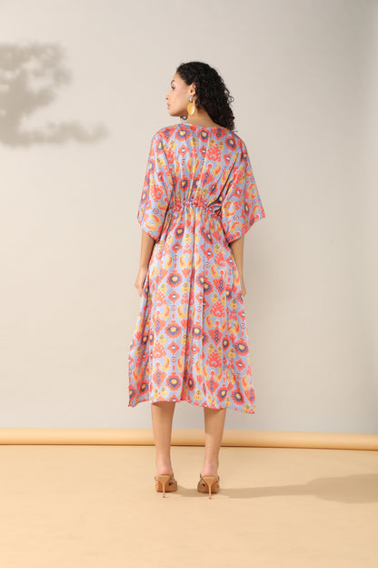 Ikkat Pink Satin linen Kaftan Dress