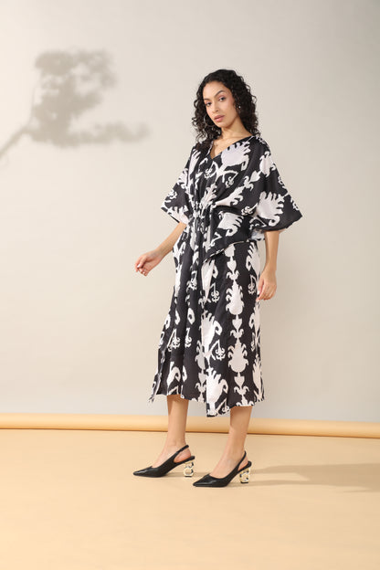 Ikkat Black Satin linen Kaftan Dress