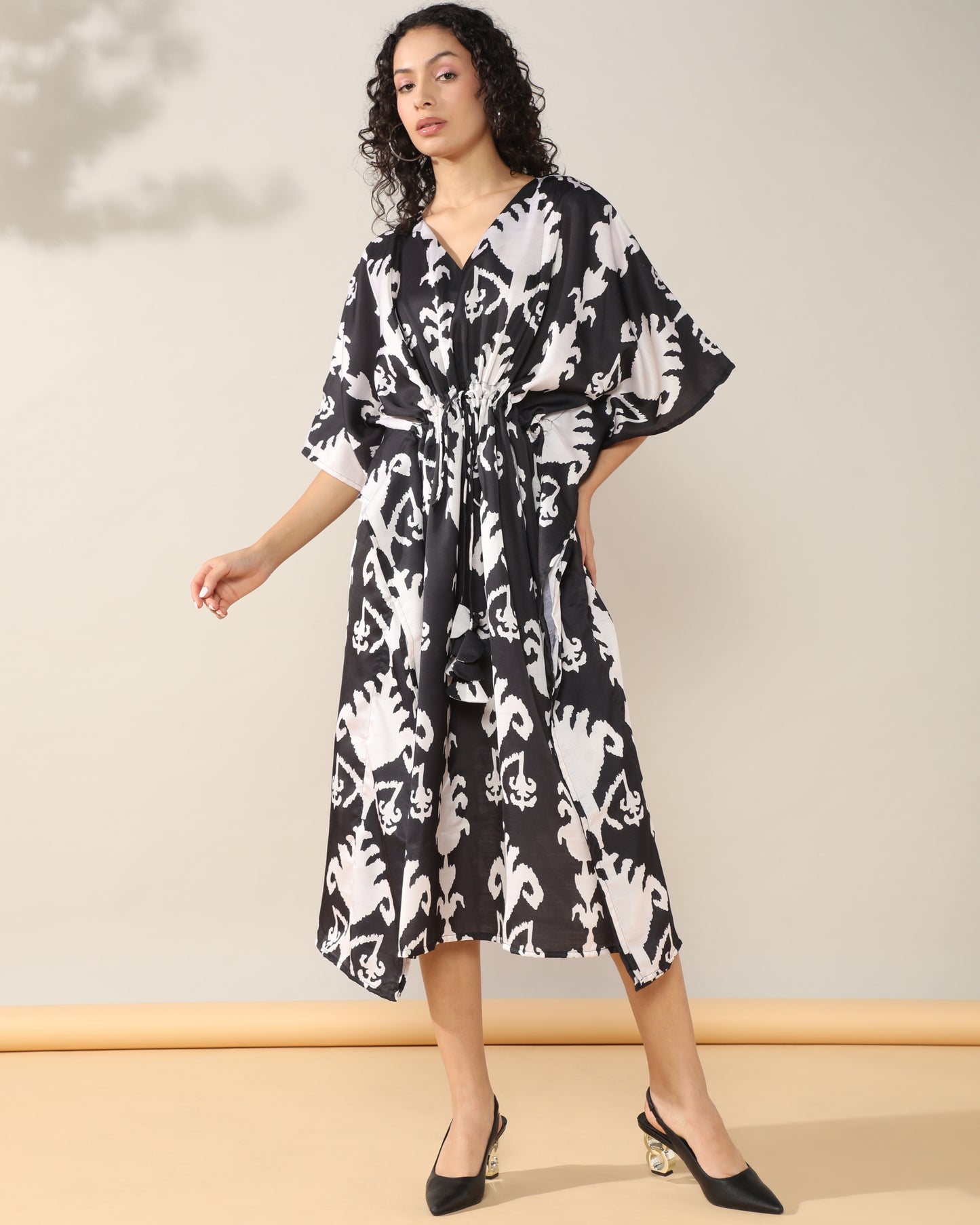 Ikkat Black Satin linen Kaftan Dress