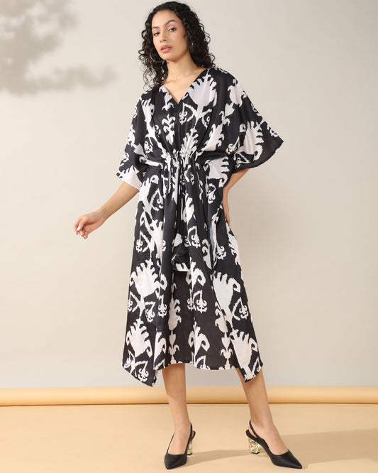 Ikkat Black Satin linen Kaftan Dress