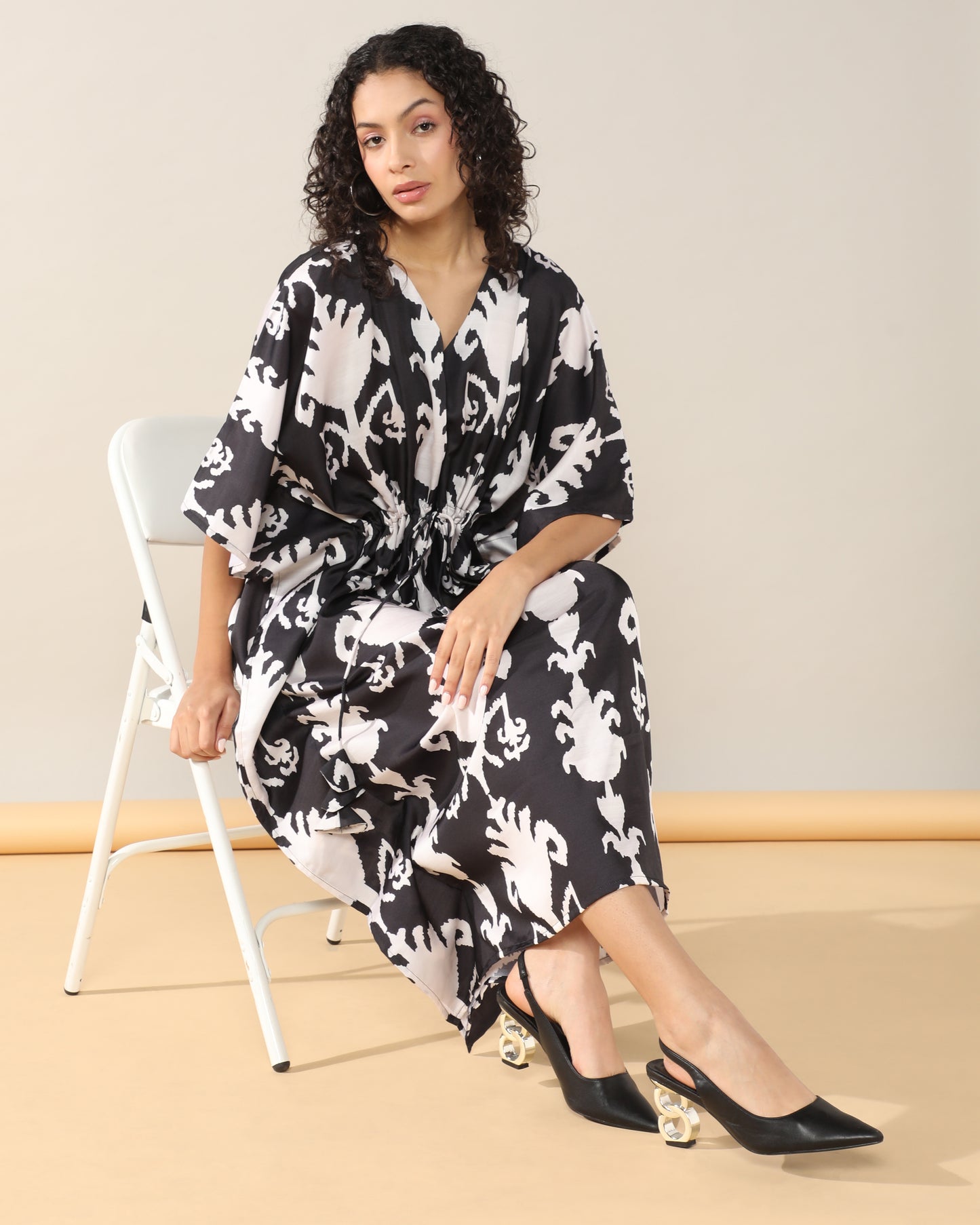 Ikkat Black Satin linen Kaftan Dress