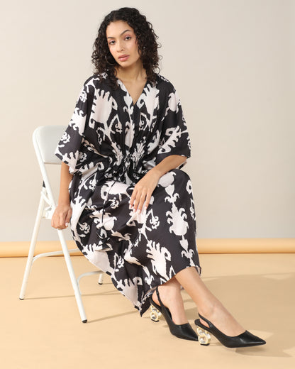 Ikkat Black Satin linen Kaftan Dress