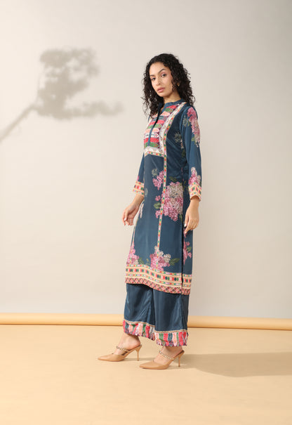 Elegance in Blue Print Suit Set with Dupatta