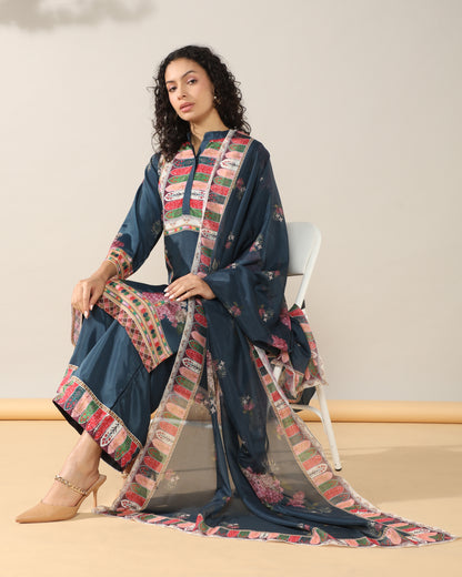 Elegance in Blue Print Suit Set with Dupatta