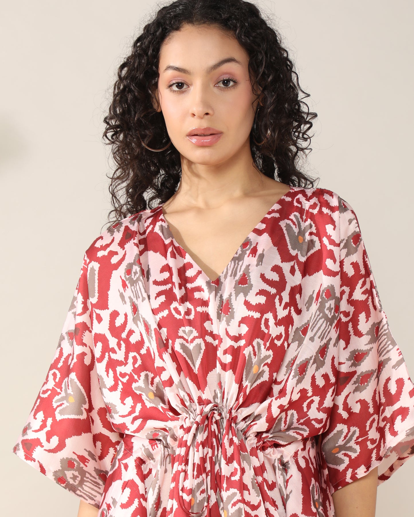 Maroon Ikkat kaftan style dress