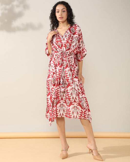 Maroon Ikkat kaftan style dress