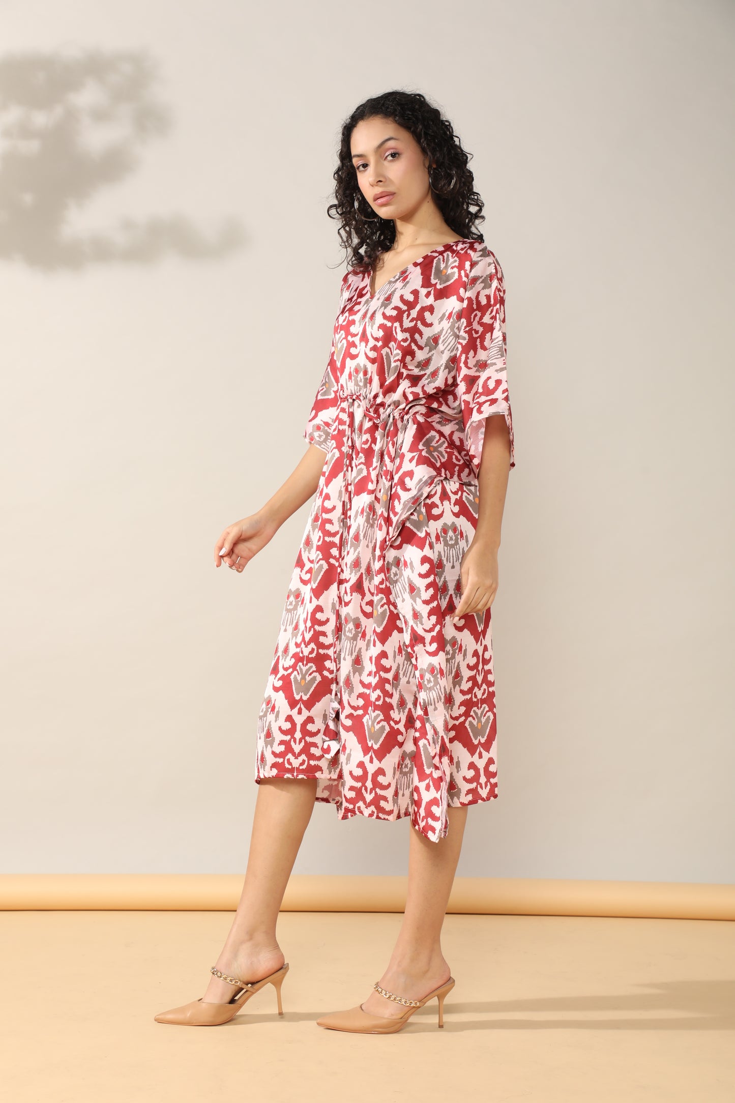 Maroon Ikkat kaftan style dress