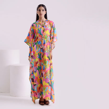 Neon love printed silk long kaftan