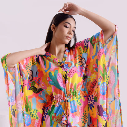 Neon love printed silk long kaftan