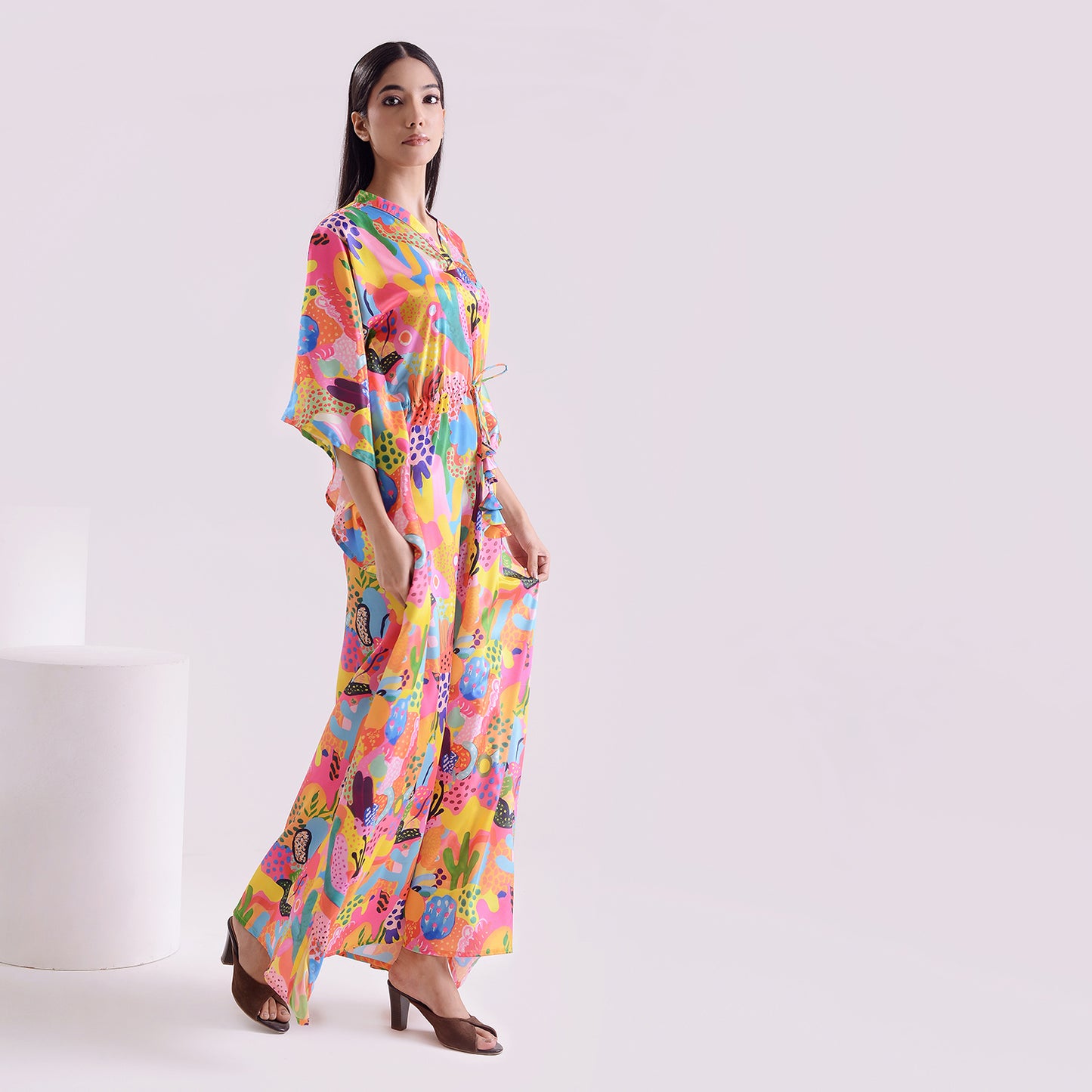 Neon love printed silk long kaftan