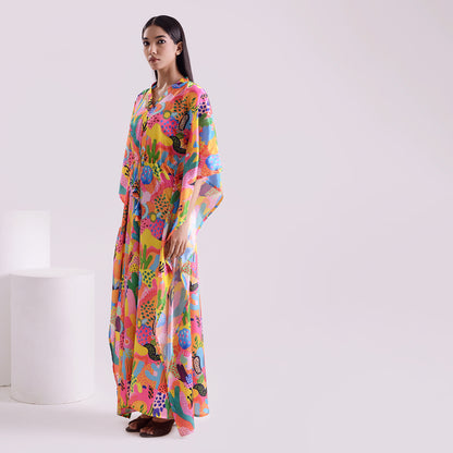 Neon love printed silk long kaftan