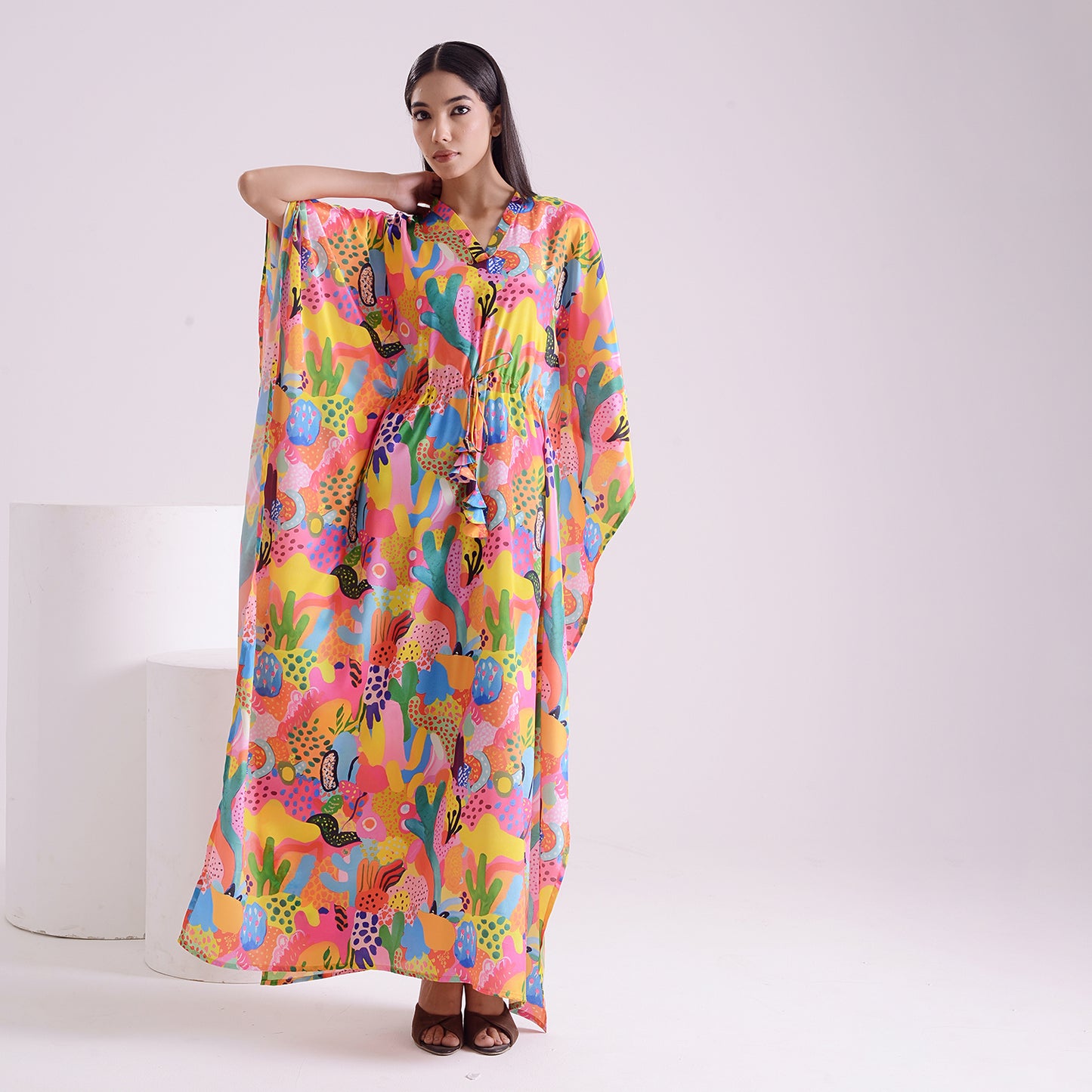 Neon love printed silk long kaftan