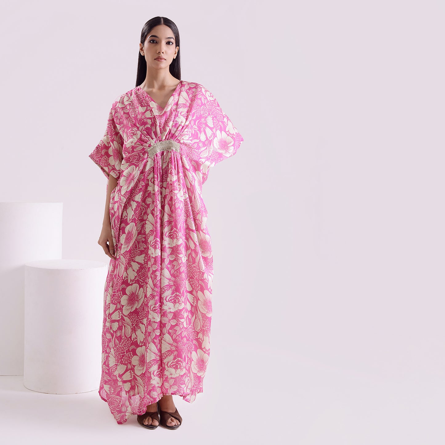 Ocean pink Goergette satin long kaftan