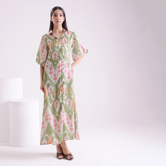 Ocean green Ikkat print satin linen long dress