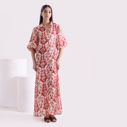 Maroon Ikkat print satin linen long dress