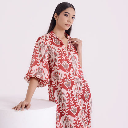 Maroon Ikkat print satin linen long dress