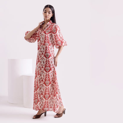 Maroon Ikkat print satin linen long dress