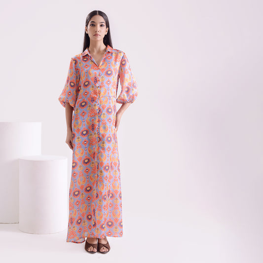 Charismatic Ikkat print satin linen long kaftan style dress