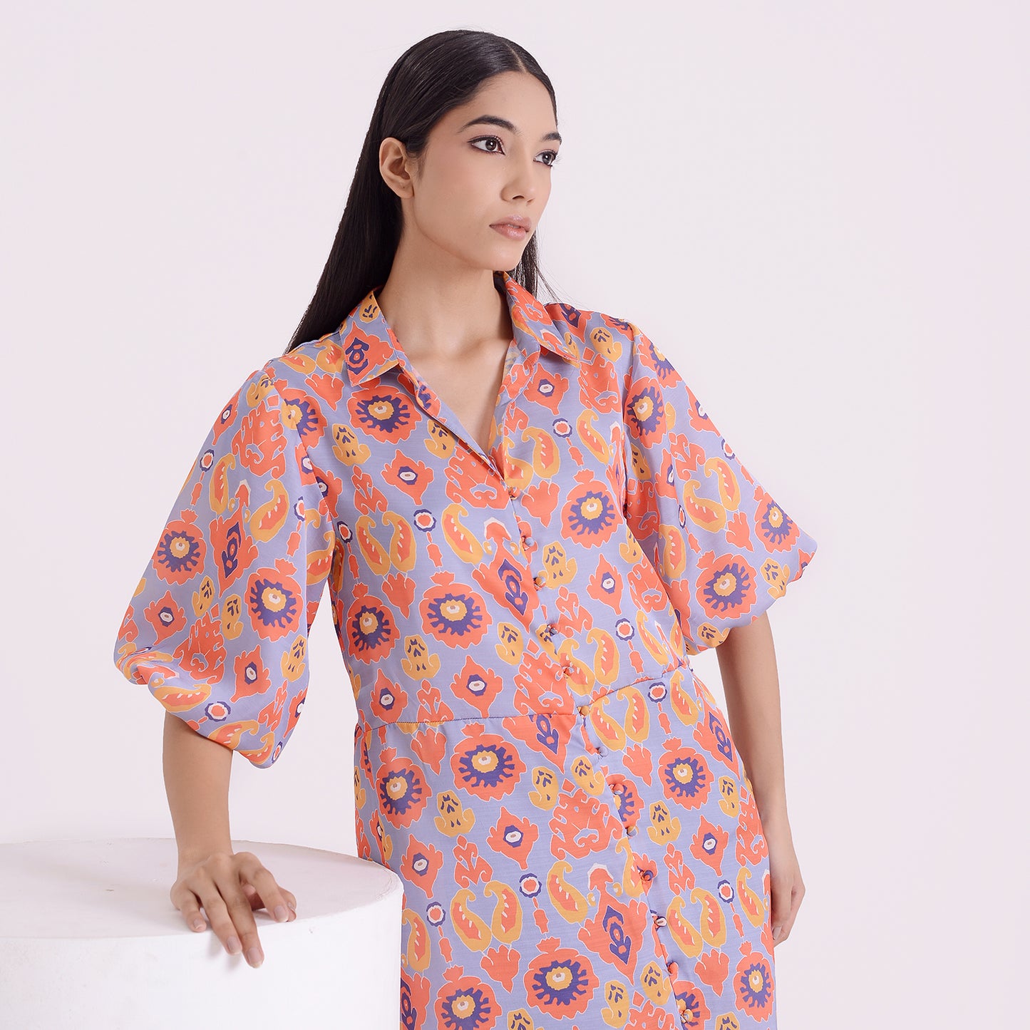 Charismatic Ikkat print satin linen long kaftan style dress