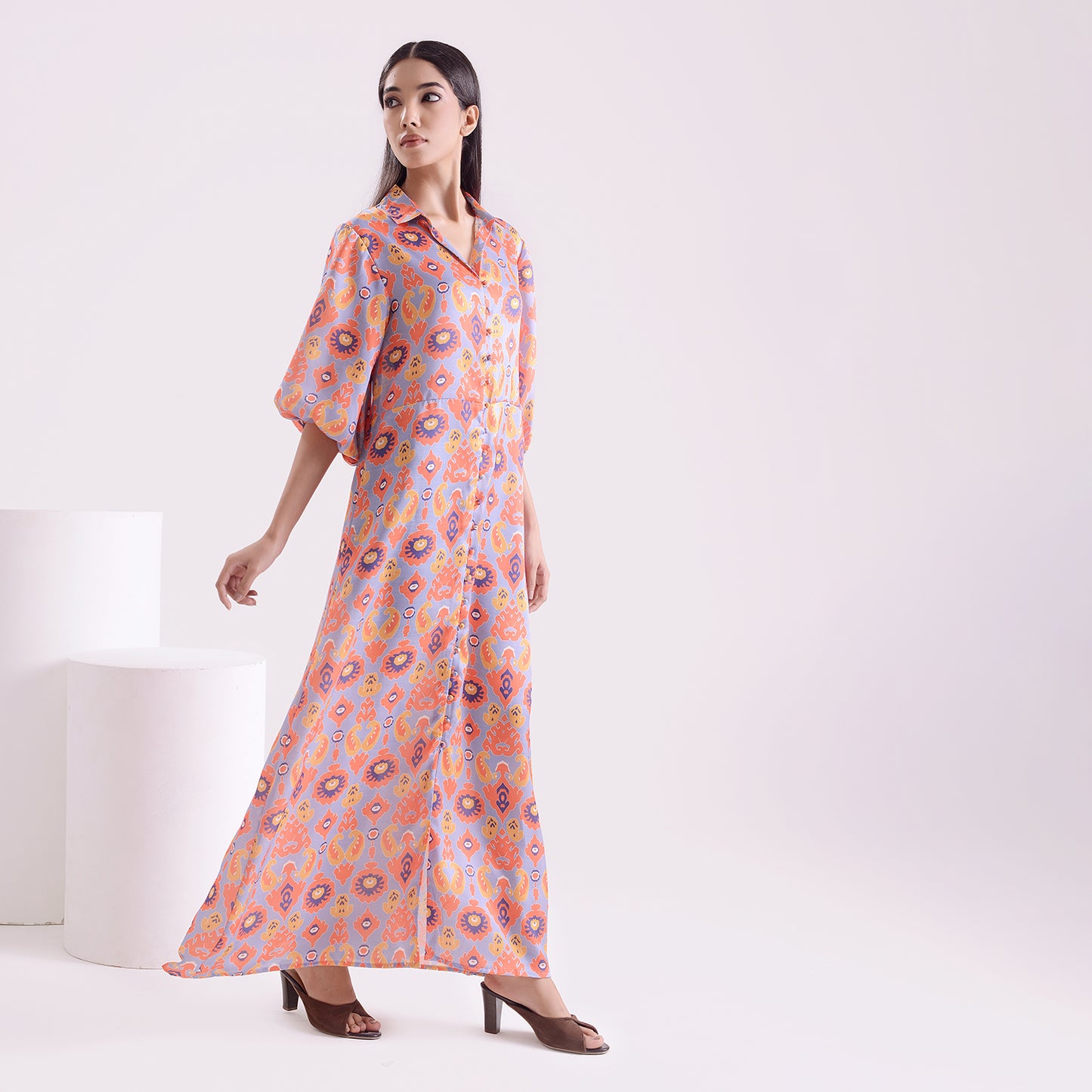 Charismatic Ikkat print satin linen long kaftan style dress