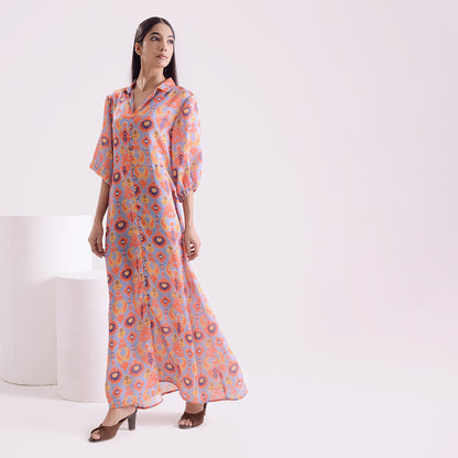 Charismatic Ikkat print satin linen long kaftan style dress