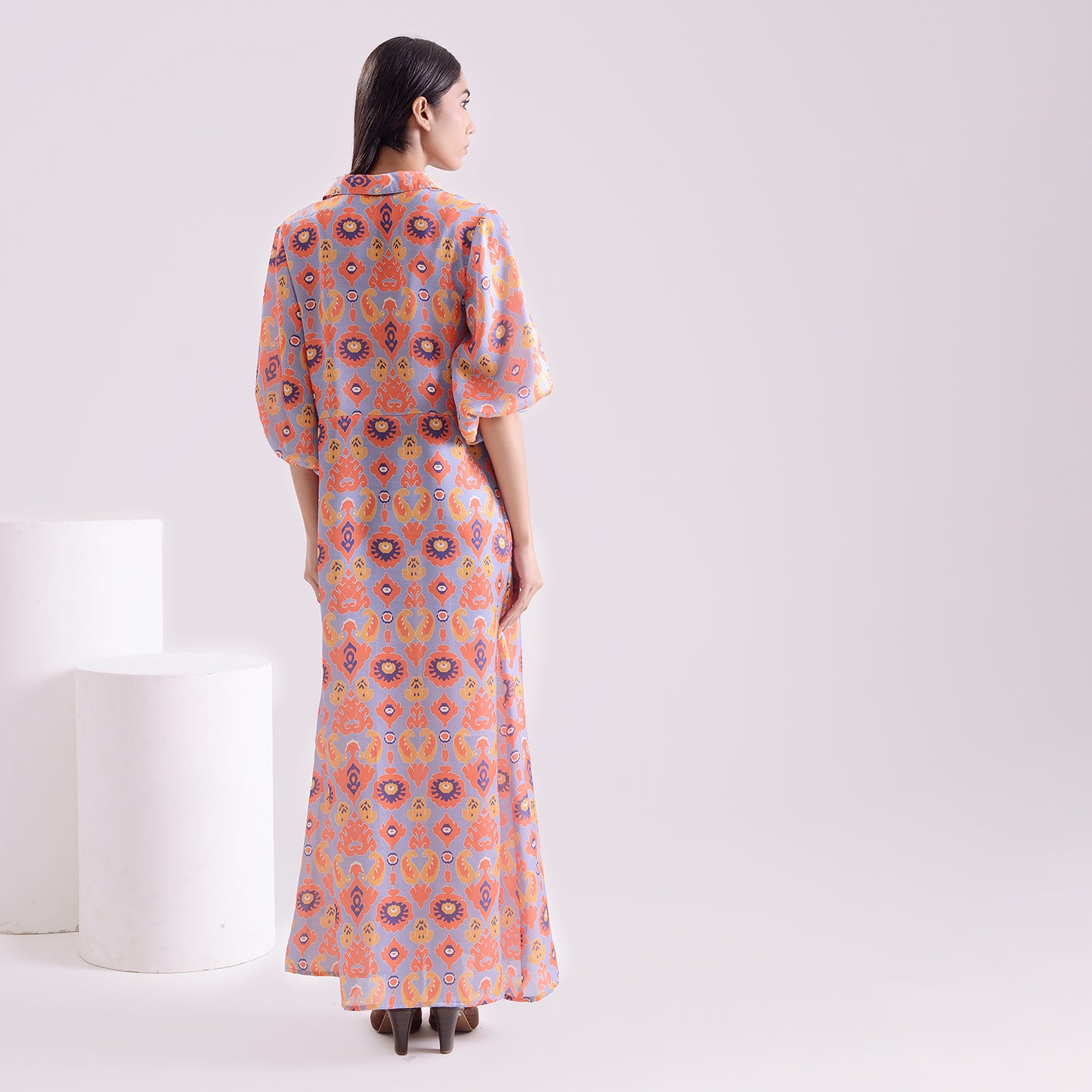 Charismatic Ikkat print satin linen long kaftan style dress