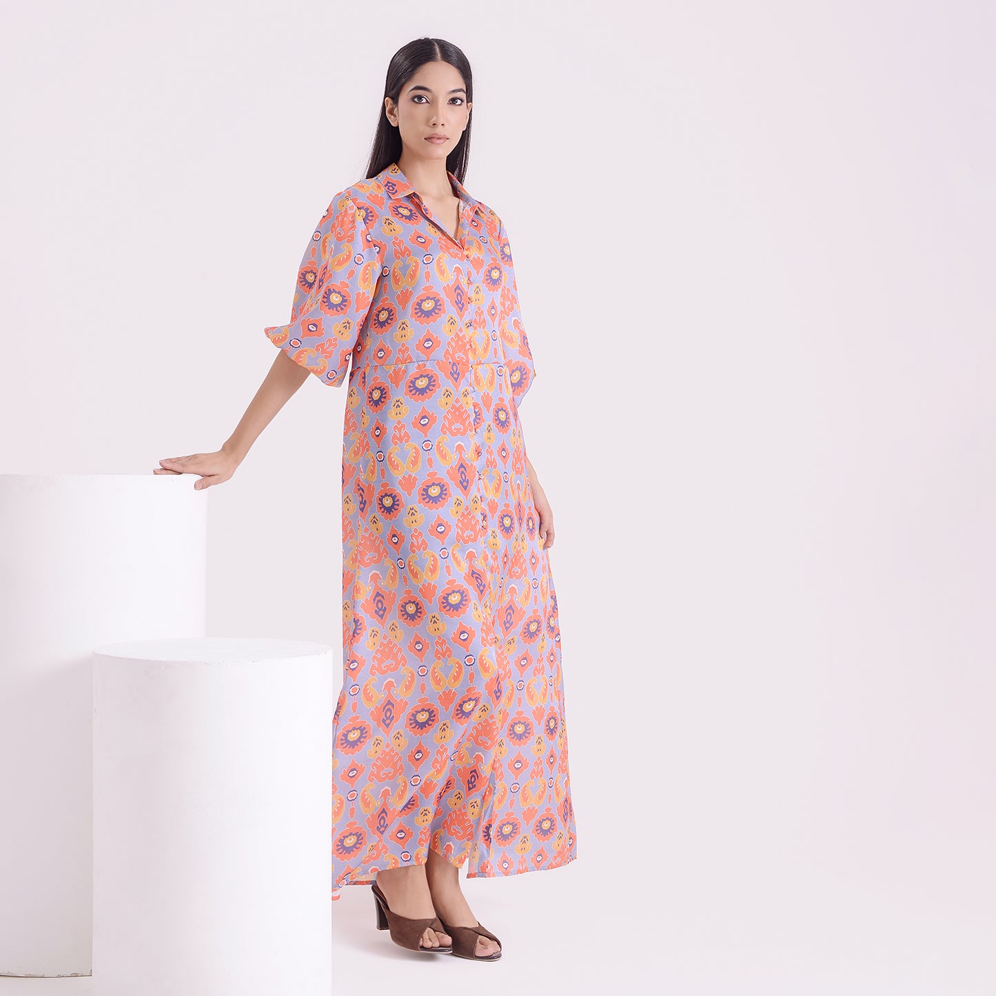 Charismatic Ikkat print satin linen long kaftan style dress