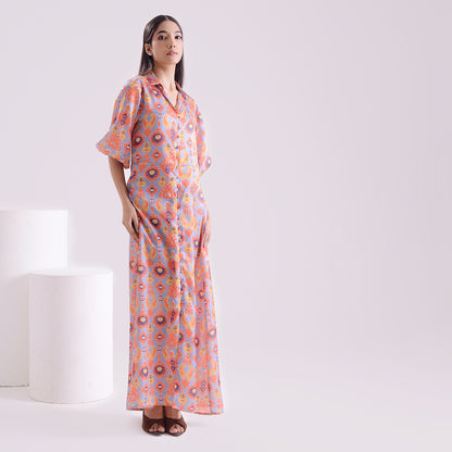 Charismatic Ikkat print satin linen long kaftan style dress