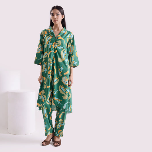 Green paisley printed suit set of 2