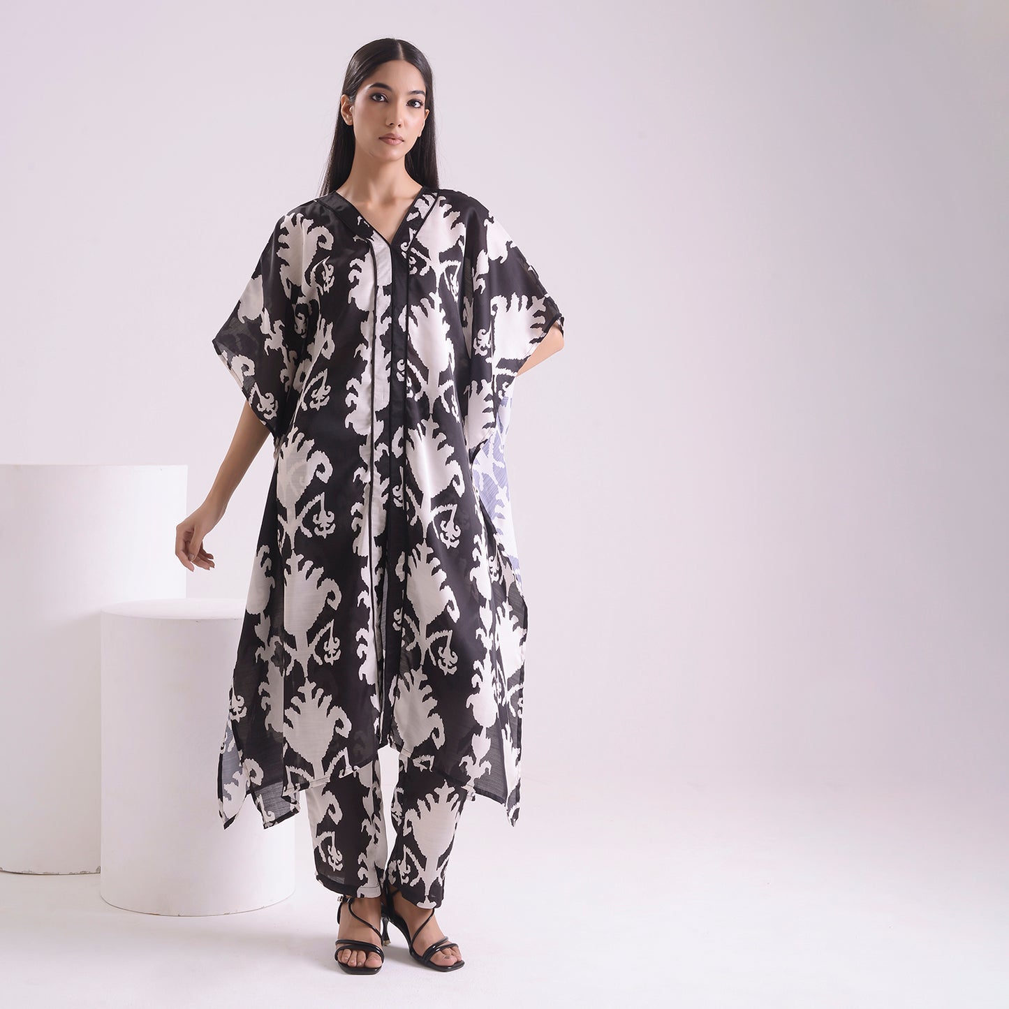 Satin Linen printed kaftan style suit set of 2