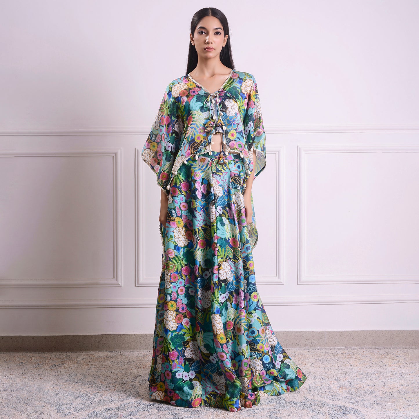 HOK ENSEMBLE Aquamarine Georgette satin skirt with kaftan style top with blouse