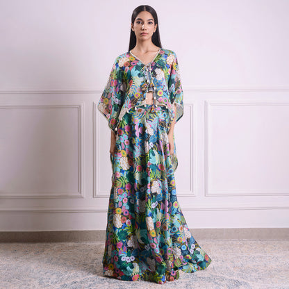 HOK ENSEMBLE Aquamarine Georgette satin skirt with kaftan style top with blouse