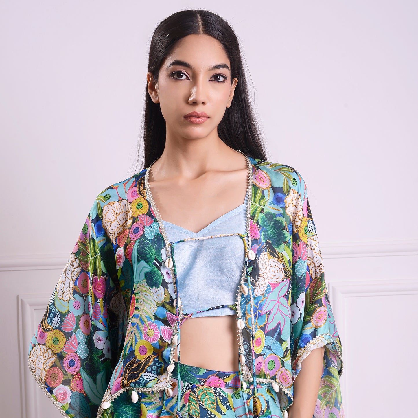 HOK ENSEMBLE Aquamarine Georgette satin skirt with kaftan style top with blouse