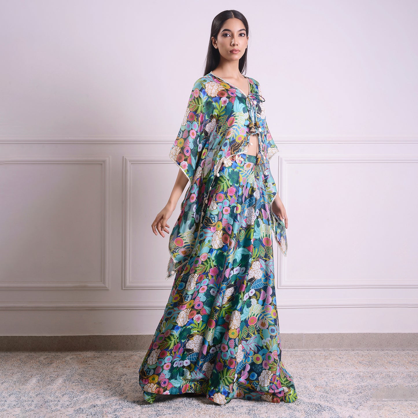 HOK ENSEMBLE Aquamarine Georgette satin skirt with kaftan style top with blouse