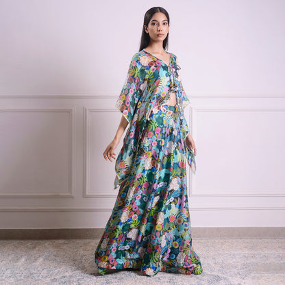 HOK ENSEMBLE Aquamarine Georgette satin skirt with kaftan style top with blouse