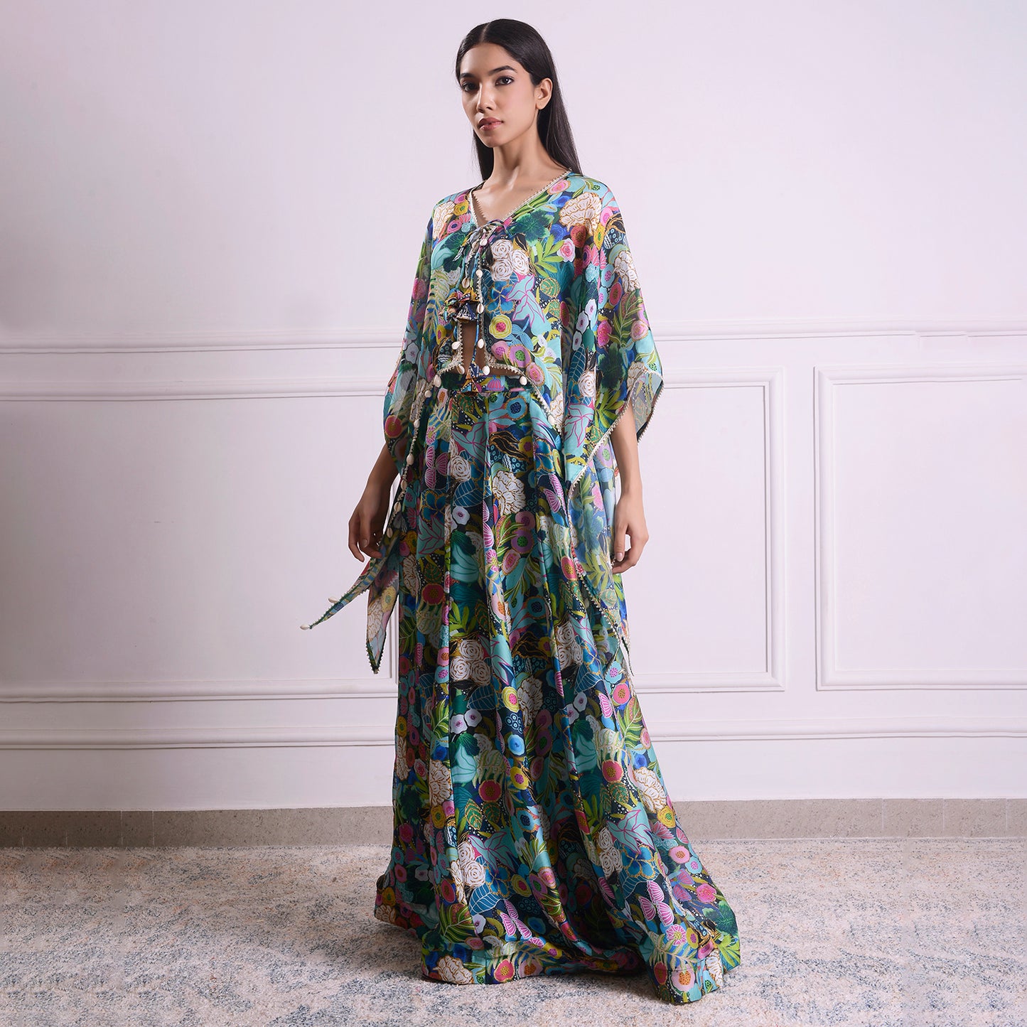 HOK ENSEMBLE Aquamarine Georgette satin skirt with kaftan style top with blouse