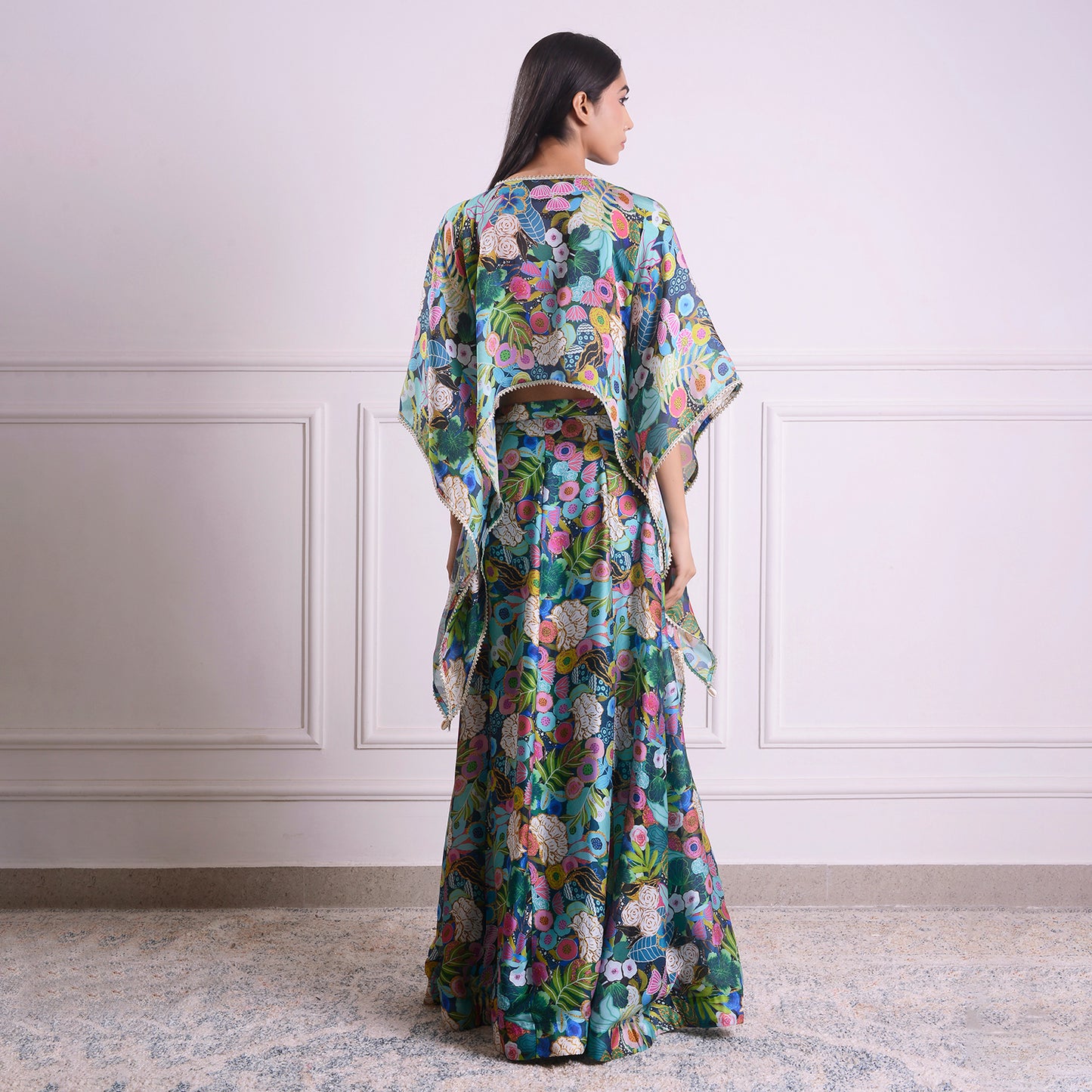 HOK ENSEMBLE Aquamarine Georgette satin skirt with kaftan style top with blouse