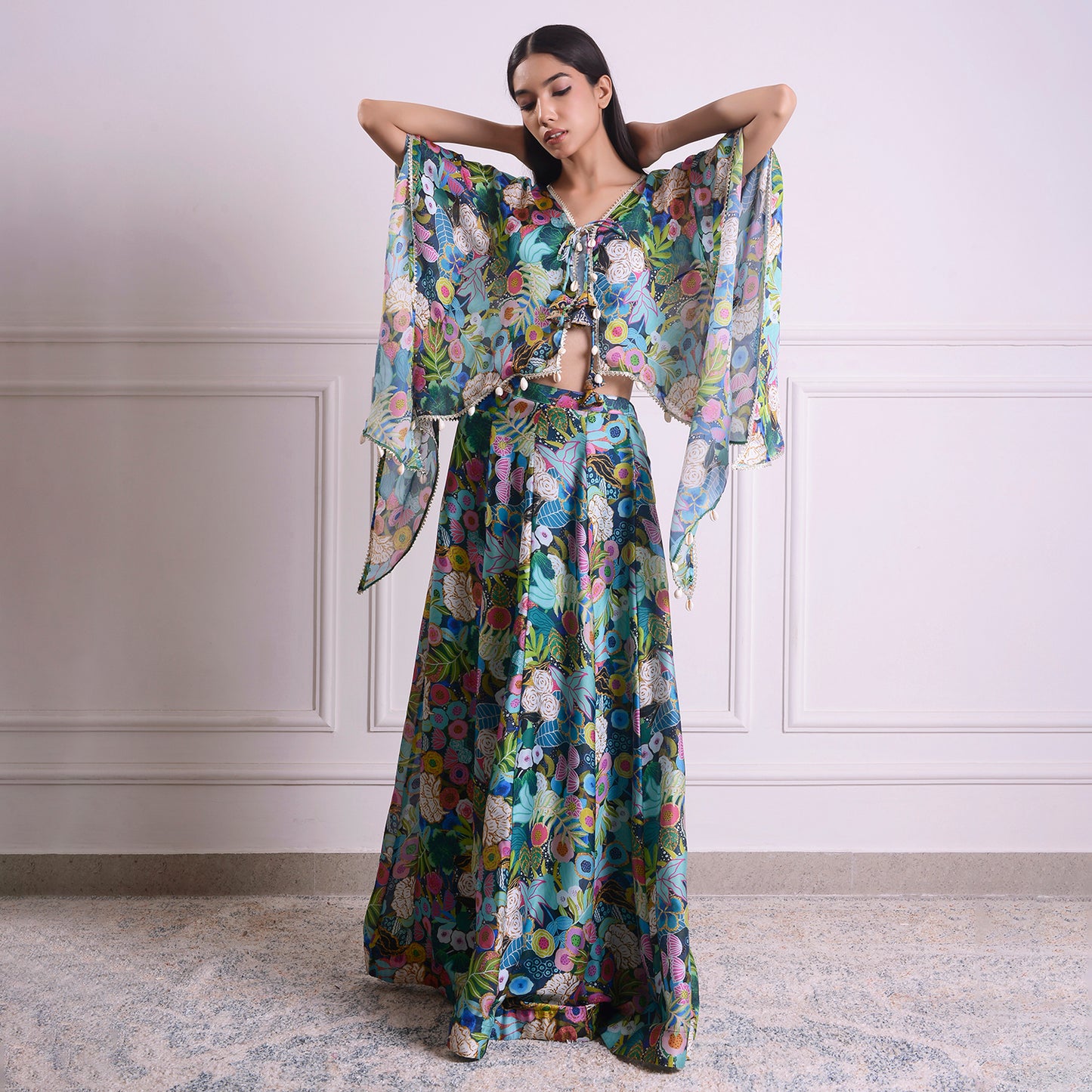 HOK ENSEMBLE Aquamarine Georgette satin skirt with kaftan style top with blouse