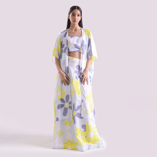 HOK ENSEMBLE Floral print silk emsemble skirt style with long cape & Blouse